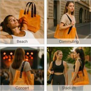 A transparent orange tote bag with black handles, displayed in various outdoor settings.