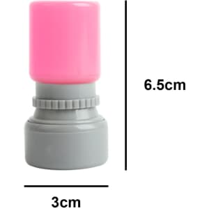 A grey and pink round stamp featuring a cylindrical design, measuring 6.5 cm in height and 3 cm in diameter.