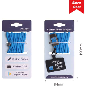 A blue adjustable phone lanyard with a metal buckle, displayed with packaging including a logo and measurements.