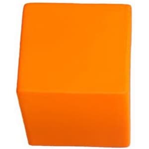 An orange cube-shaped stress reliever, made from soft material, featuring a logo.