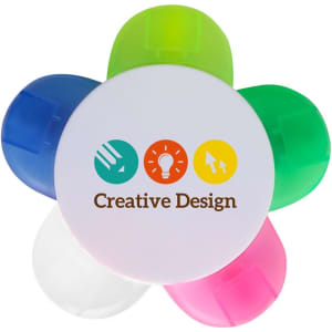 A flower-shaped highlighter with five colours: pink, green, yellow, blue, and white. It features a logo on top.