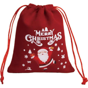 A red drawstring gift bag featuring a Christmas design with Santa, snowflakes, and stars. It has a festive look.