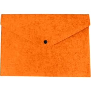 An orange felt file folder with a button clasp closure. It has a smooth texture and a clean design.