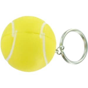 A yellow tennis ball stress item attached to a silver keyring, featuring white stitching details.
