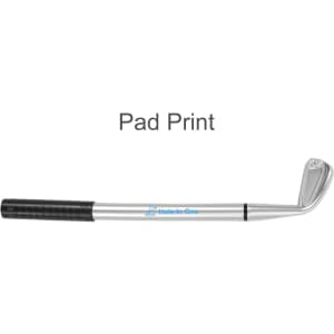 A silver golf pen designed to resemble a golf club, featuring a textured black grip and a logo.