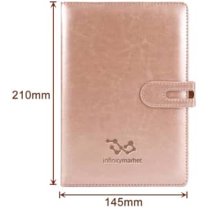 A rose gold PU notebook with a clasp closure, featuring a logo on the cover and dimensions of 210mm x 145mm.