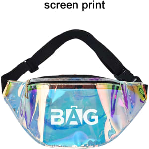 A holographic waist bum bag with a zippered compartment and adjustable strap. It features a logo on the front.