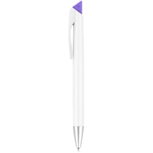 A grey and white pen with a purple accent and a logo on the side.