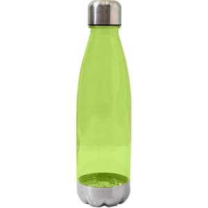 A drink bottle in translucent lime green with a stainless steel base and cap, featuring a logo.