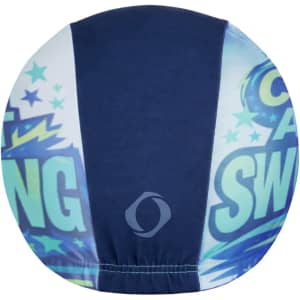 A full colour polyester swimming cap featuring blue and white sections with a logo.