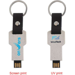 A keychain flash drive featuring a grey and black design with two different print styles and a circular metal keyring.