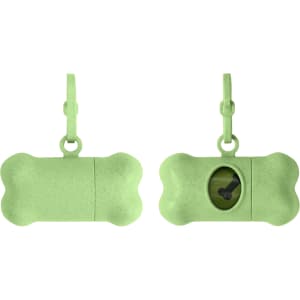 A green bone-shaped pet waste bag dispenser with a clip for easy attachment, featuring an opening for easy access to bags.