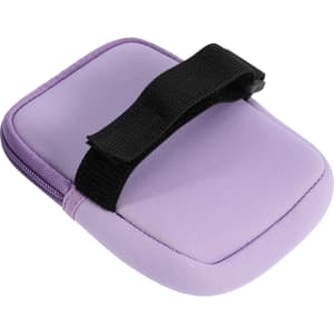 A drink bottle pouch in a pastel purple colour with a black strap, featuring a zip closure and a smooth surface.
