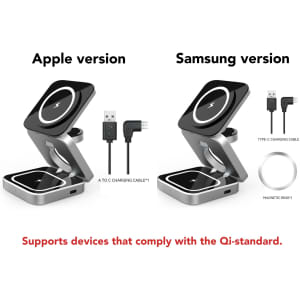 A foldable wireless charger stand in black and silver, compatible with Apple and Samsung devices, featuring a logo.
