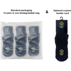 Crew Gripper Socks in navy, packaged in a biodegradable bag with 12 pairs and an optional custom header card.