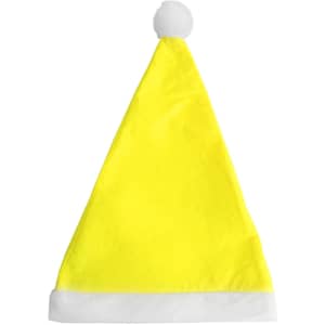 A bright yellow Santa hat with a white trim and a fluffy pom-pom at the top.