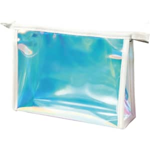 A holographic travel cosmetic bag with a white zipper, featuring a clear, reflective surface.