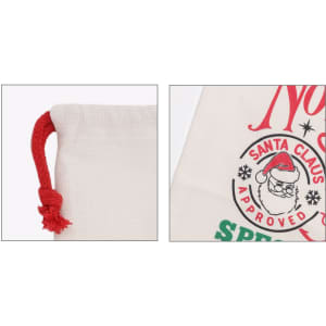 A cream flax linen drawstring bag with a red cord and festive design featuring Santa Claus.