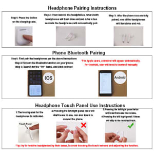 A promotional image featuring instructions for pairing and using Quality Touch Pods Wireless Earbuds with a mobile device. It includes diagrams and a touch panel guide. The earbuds are likely displayed in white.