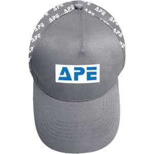 A grey cap with a front logo and patterned trim featuring alternating text.
