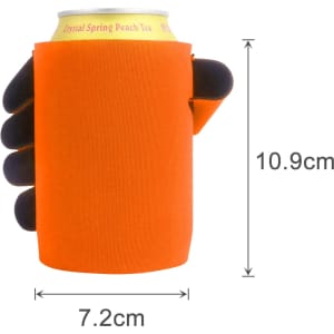 An orange stubby holder designed to fit a drink can, featuring a hand-shaped grip and a branding logo.