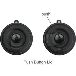 A drink bottle lid in black with a push button mechanism, featuring a handle for easy carrying.
