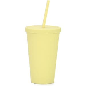 A matte yellow plastic cup with a lid and straw, designed for beverages. Features a branding logo.