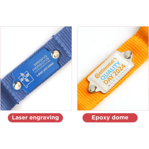Two product tags displayed: one with a blue background and laser engraving, the other with an orange background featuring an epoxy dome.