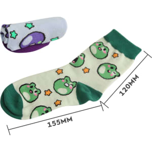 Woven socks featuring a light green base with frog patterns, and a smaller pair in purple and blue. Includes a logo.