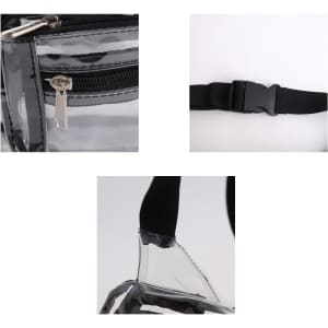 A multi-layer transparent waist bag in clear material, featuring a zipper, a buckle closure, and adjustable straps.
