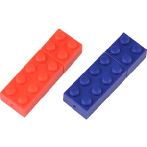 A blue and an orange stackable brick flash drive, each featuring raised dots, with a logo on one side.