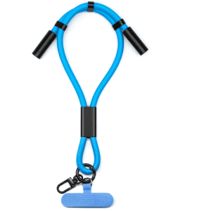 A blue charging phone strap with black connectors and a clip, designed for convenient charging.