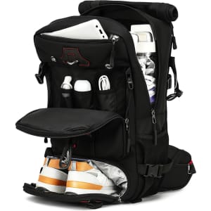 A black convertible backpack to duffel bag with multiple compartments, including space for shoes and a drink bottle.