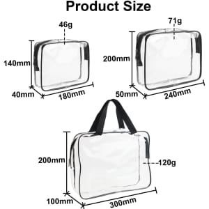 A clear toiletry bag in various sizes, featuring black accents and handles for easy carrying.