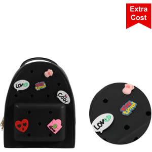 A black EVA Holes Backpack featuring colourful decorations and a branded logo.