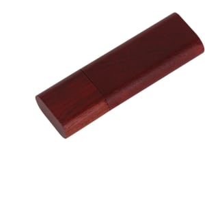 A rounded wooden flash drive with a rich brown finish, featuring a seamless design and a branding logo.