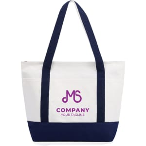 A medium canvas tote bag in white and navy, featuring a logo on the front with dual handles.