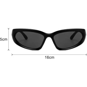 A pair of black wraparound sunglasses with dark lenses, measuring 5cm in height and 16cm in width.