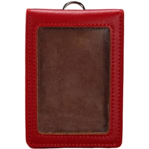 A red PU leather ID card holder with a clear window for displaying identification. It features a loop for attachment.