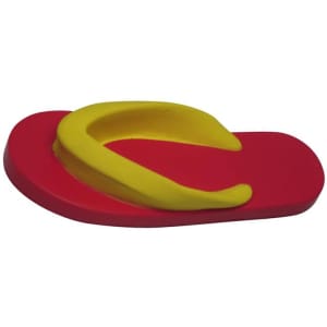 A red and yellow flip-flop shaped stress reliever, featuring a logo on the surface.