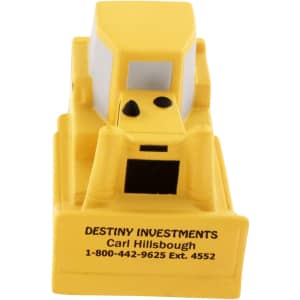 A yellow bulldozer-shaped stress reliever with a white cabin and a logo on the front.