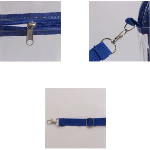 A clear tote bag with a blue zipper closure and adjustable blue crossbody strap, featuring metal clips.