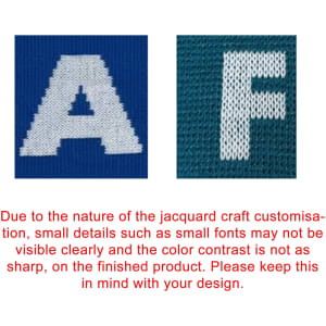 A close-up of two knitted fabric samples featuring the letters "A" and "F" in white on blue and green backgrounds.