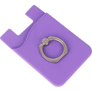 A purple phone wallet with a silver ring on the back, featuring a textured upper section. It has a logo.