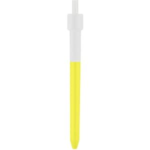 A yellow and white pen with a click mechanism and a clear section at the top. It features a logo.