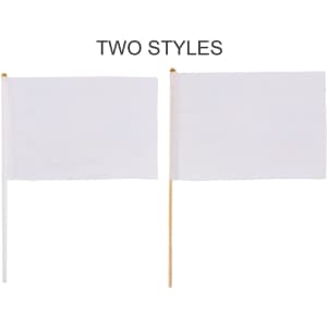 Two rectangular white cheering flags displayed on sticks, featuring different styles and a gold finial on top of each stick.