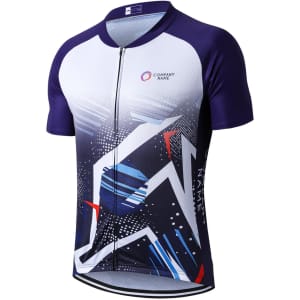 A unisex cycling jersey featuring a stand collar, short raglan sleeves, and a vibrant blue and white design with abstract patterns.