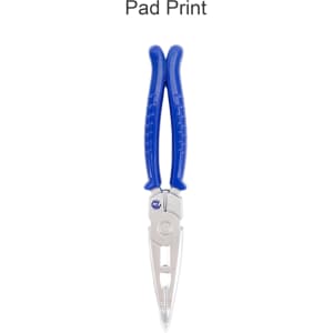 A plier-shaped ballpoint pen with blue rubber grips and a silver metallic body, featuring a logo.
