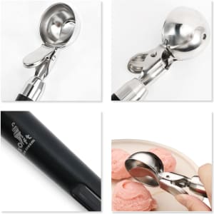An ice cream scoop with an easy trigger mechanism, featuring a silver scoop and a black handle. It has a logo.