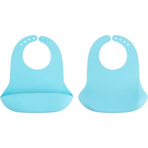 Two blue silicone bibs with snap closures, featuring a pocket at the bottom for catching spills.